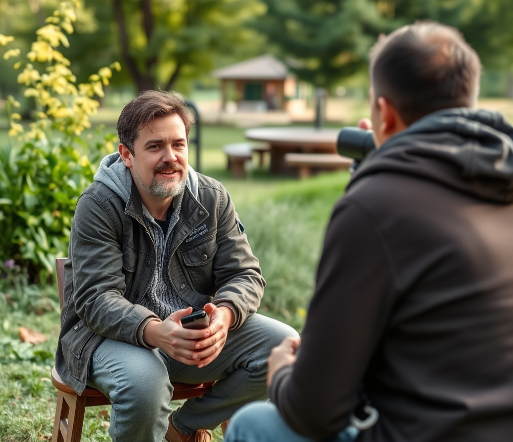 Two men talking outdoors — one holding a phone, listening